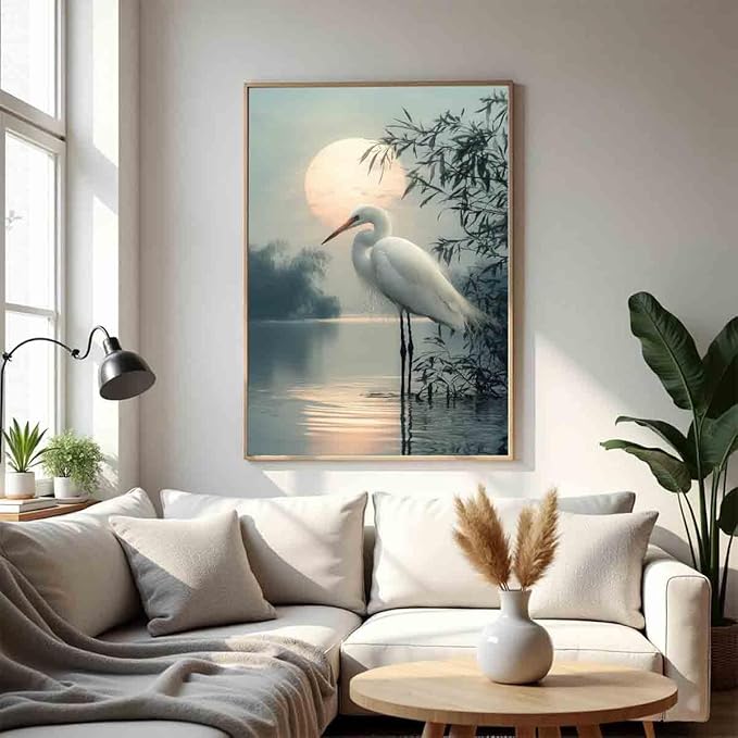 White Heron Wall Art Watercolor Heron Print Vintage Crane Bird Pictures Japanese Crane Painting Watercolor Bird Artwork Sunset Abstract Wall Art Coastal Living Room Decor 16x24inch No Frame