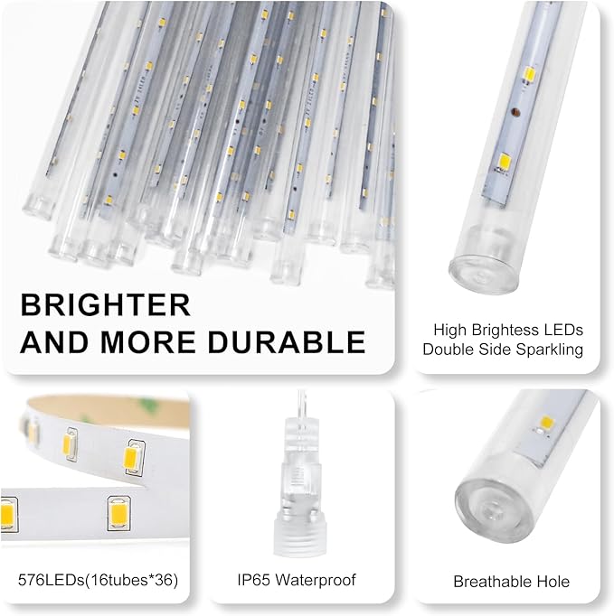 PEMOTech Christmas Lights Outdoor, 16 Tubes 40cm 576 Led Meteor Shower Lights, Waterproof Christmas Decorations Icicle Light for Xmas Tree Halloween Party, Ul Plug,Warm White