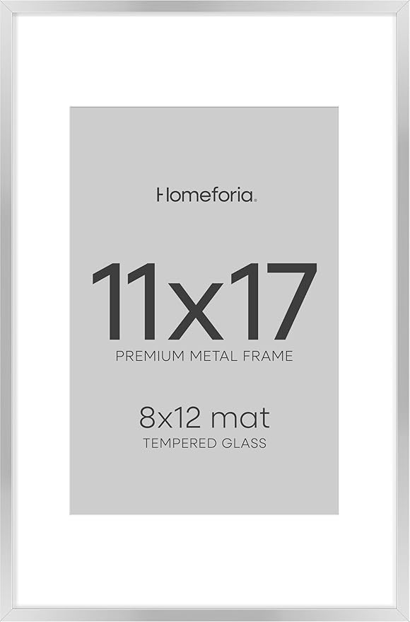 Homeforia 11 x 17 Frame Silver, High End Metal 11x17 Picture Frames with Mat 8x12 for Photo, 11 x 17 Silver Poster Frame Matted to 8 x 12 Print, 17x11 Hanging Frame, Tempered Glass, Wall Kit, Set of 1