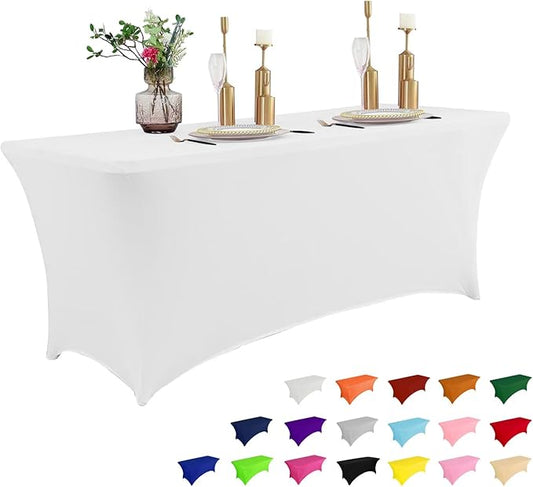 IVAPUPU 4FT Spring Table Cloth for Rectangular Fitted Events Stretch White Table Covers Washable Cover Spandex Tablecloth Protector for Party, Wedding, Cocktail, Banquet, Festival