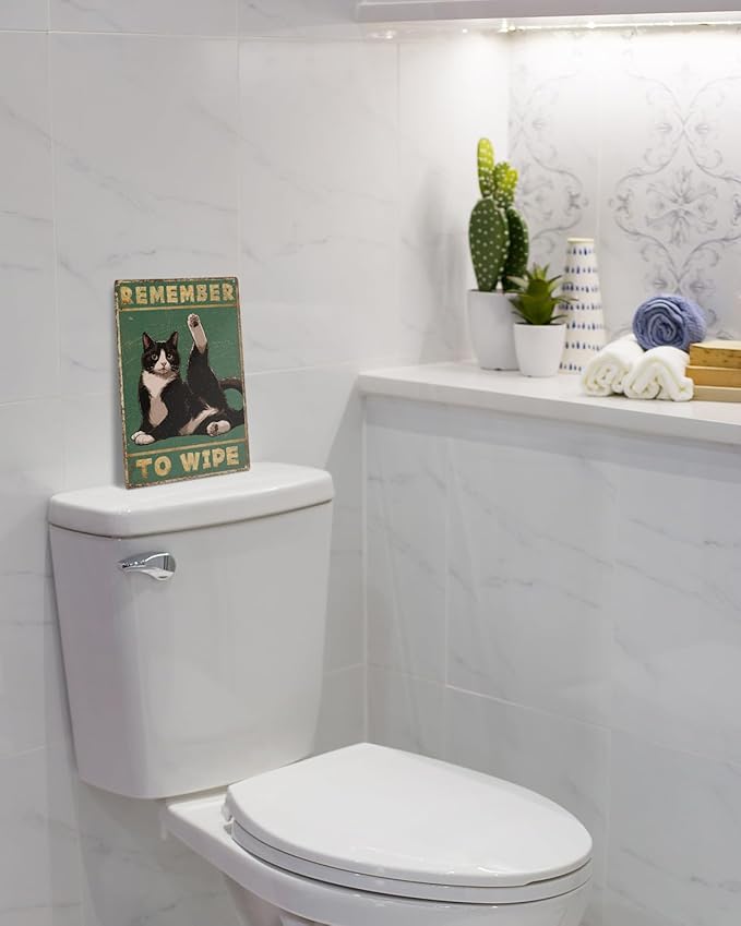 ALKB Bathroom Tuxedo Cat Sign - Remember to Wipe - Cat Lover Gift 8x12 Inch Vintage Metal Sign for Bathroom Decorations
