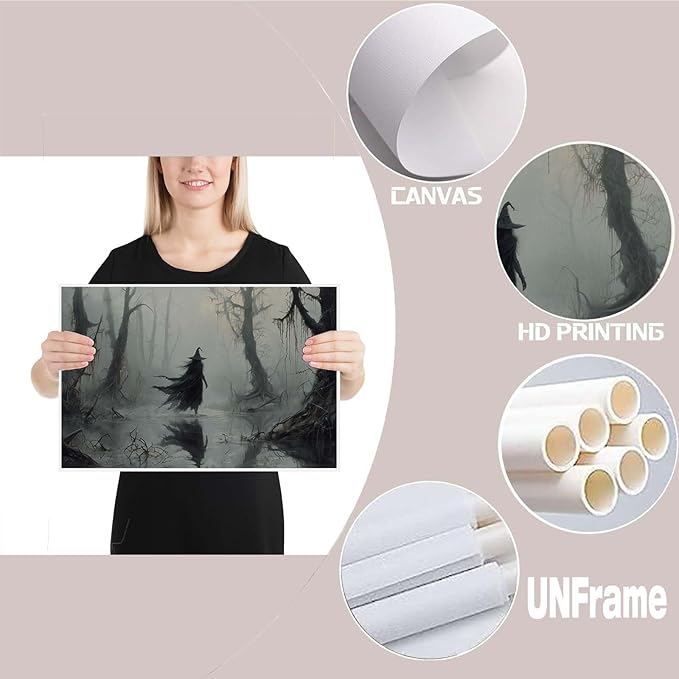 JFHCQJPK Vintage rustic swamp witch poster dark moody wall art gothic horror season halloween print for home decor retro dark moody painting32x48in Frameless