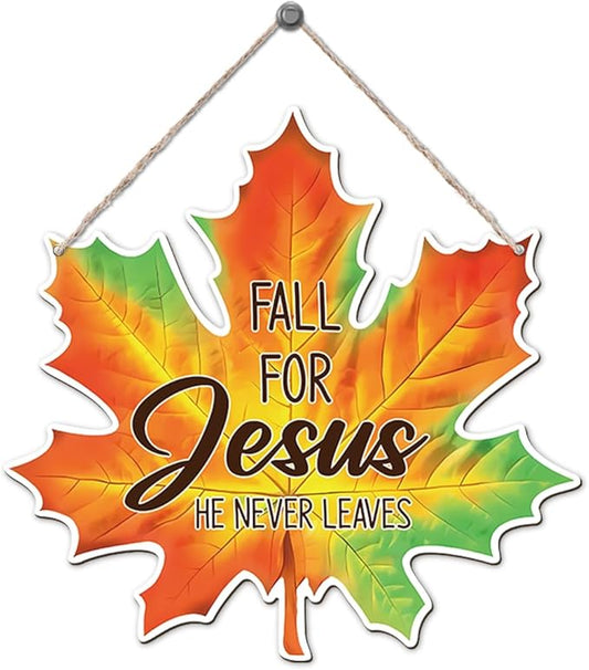 Maple Leaf Fall Decor, Fall for Jesus He Never Leaves Decor Sign Farmhouse Autumn Wreaths for Front Door Christian Jesus Hanger Sign Home Wall Autumn Halloween Thanksgiving Decoration