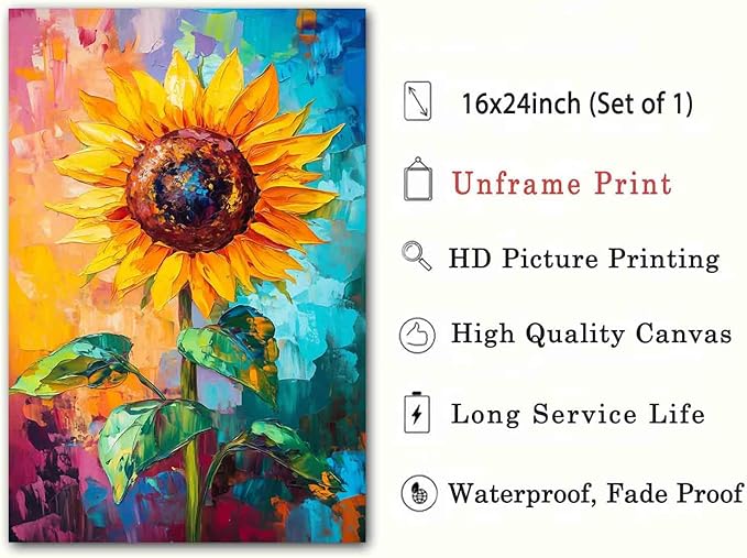 Sunflower Canvas Wall Art Abstract Floral Yellow Flower Picture Textured Flower Painting Field Landscape Wall Art Plant Farmhouse Floral Picture Modern Abstract Living Room Decor 16x24inch No Frame