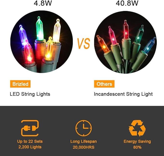 Brizled Christmas Lights Multicolor, 2 Pack 33ft 100 LED Christmas Tree Lights, 120V UL Certified Connectable Xmas String Light Indoor Outdoor Mini Light Set for Xmas Tree Party Garden Porch Decor