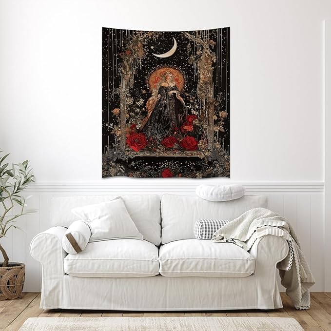 Dark Academia Moon Goddess Tapestry Gothic Fantasy Rose Wall Art Mystical Witchy Woman Print Victorian Artwork Aesthetic Tapestries Wall Hanging for Girls Room Bedroom Decor 50x60inch