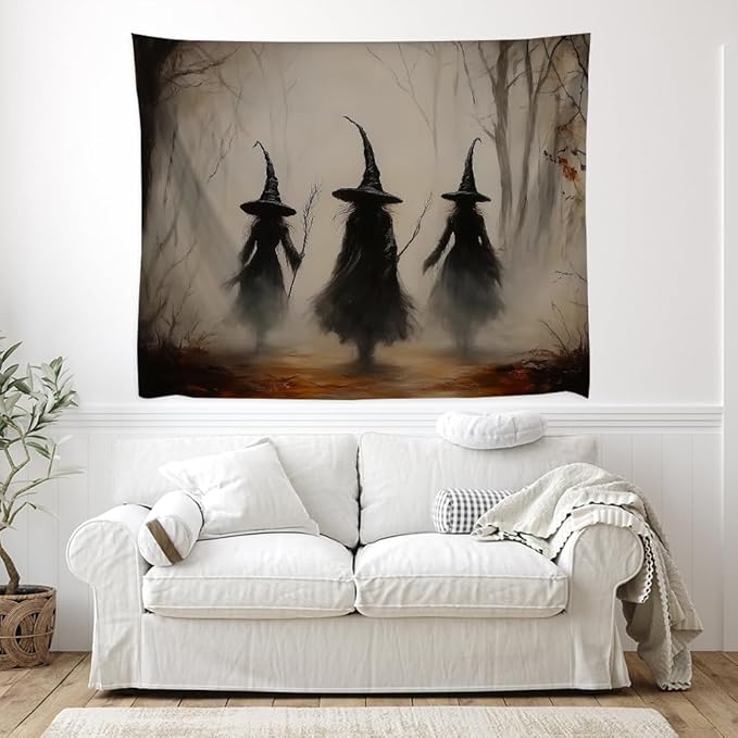 Witchy Halloween Tapestry Wall Hanging Vintage Spooky Witch Room Print Dark Academia Autumn Forest Three Witches Tapestries Decor for Halloween Living Room Bedroom Decoration 70x90inch