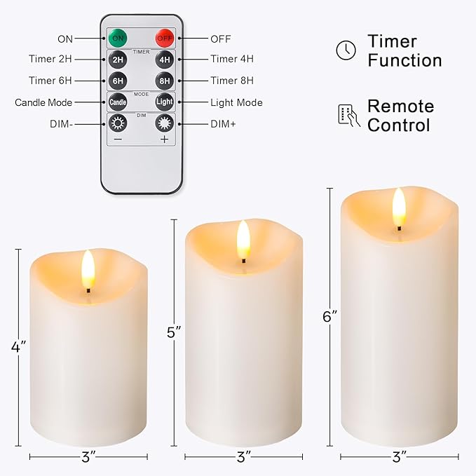 NURADA Outdoor Flameless Candles with Remote Timer - Waterproof Realistic Flickering LED Pillar Electric Battery Operated Fake Candle for Holiday Home Wedding Fireplace Decor - 3 Pack Ivory White