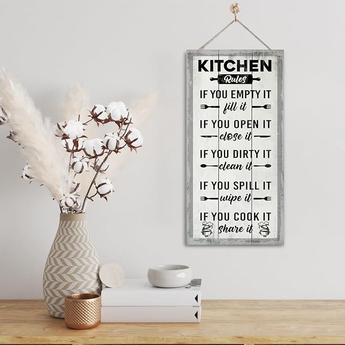 Hanging Kitchen Rules Wood Decor Sign, Rustic Kitchen Wooden Signs, Printed Wood Wall Art Sign, Kitchen Door Rules Rustic Sign, Hanging Wood Sign Kitchen Decor, Funny Farmhouse Kitchen Wall Décor J1