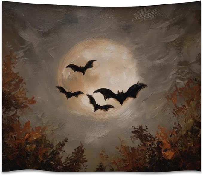 Spooky Halloween Bats Dark Academia Full Moon Autumn Leaves Wall Hanging Vintage Haunted Home Artwork Gothic Witchy Ghost Tapestries for bedroom Living Room Decor 50x60inch
