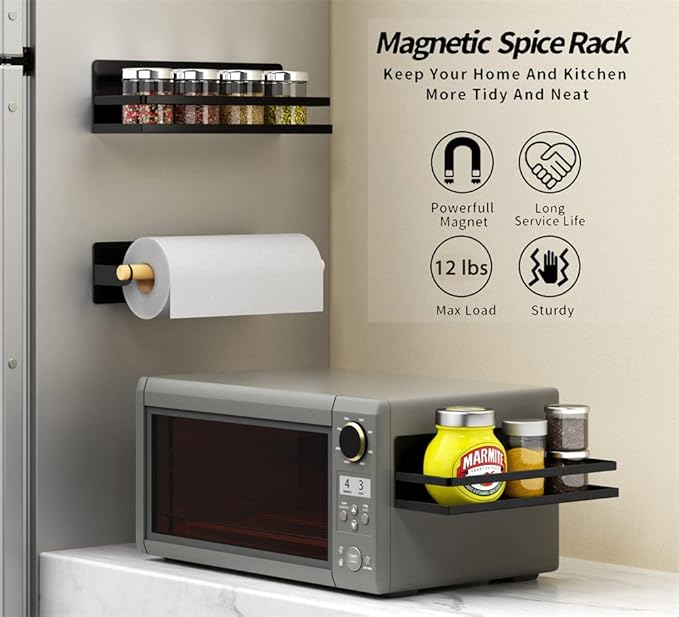 Magnetic Spice Rack Holder Paper Towel Holder with Hook for Refrigerator Fridge Organizer for Kitchen, Space Saver Container for Kitchen/Apartment, Drill Free, Black，3 Packs
