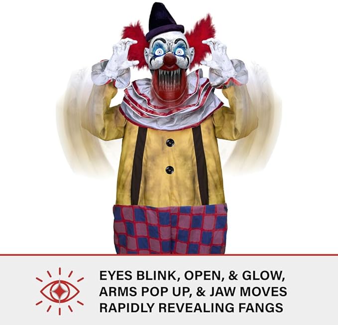 Haunted Hill Farm Motion-Activated Startling Arms Clown by Tekky, Talking Scare Prop Halloween Animatronic for Indoor or Covered Outdoor Creepy Halloween Decorations, Plug-in or Battery Operated