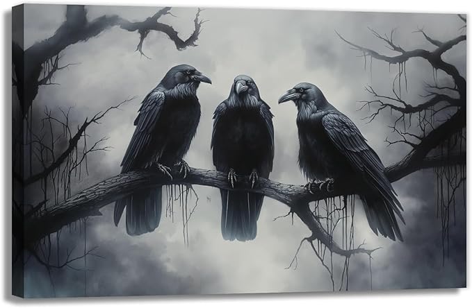 OAAPITI Halloween Wall Art Black Raven Art Poster Night Forest Landscape Pictures Print Scary Weird Black Crow Living Room Home Bedroom Decor(Artwork-5,12"x18")