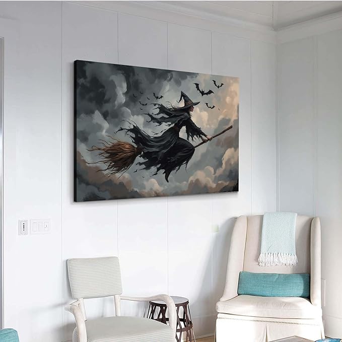 Witch and bat flying Halloween poster suitable for home party wall decoration retro Halloween preppy style wall art canvas print suitable for room decoration24x36in Wood Framed