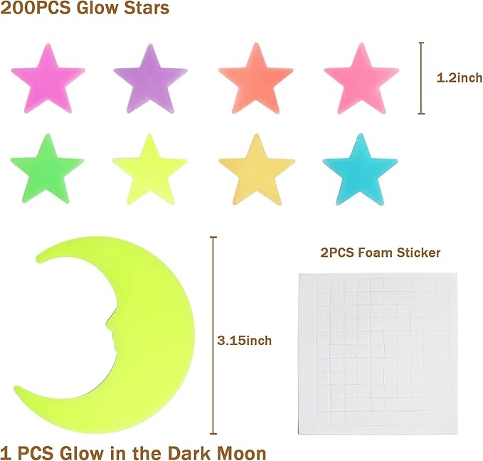 Glow in The Dark Stars and Moon Stickers for Ceiling - 200pcs 3D Luminous Adhesive Stars Create Realistic Starry Sky - Room Decor for Kids Bedroom, Wall Stickers