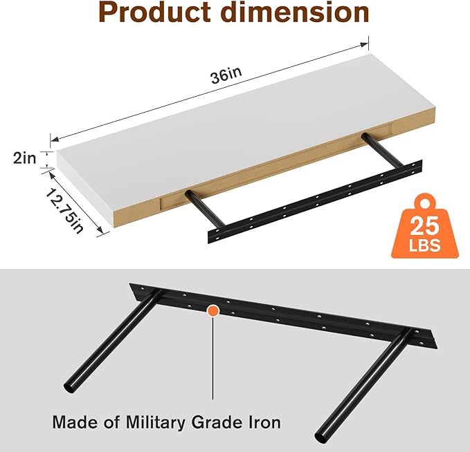 Large Floating Shelves for Wall Set of 2 Wooden Wall Shelves 36 in x 12.75 in x 2 in Room Decor Long Shelf with Invisible Wall Mount Bracket for Bedroom Kitchen Living Room White