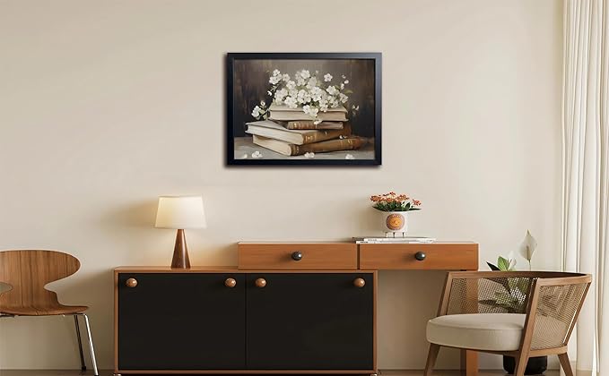 Wood Framed Canvas Poster Print Wall Art, Vintage Floral Book Wall Decor Oil Painting, Dark Academia Room Aesthetics Picture for Bathroom Classroom Dormitory room Decor 16x24 inch