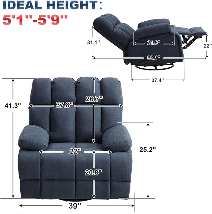 2PCS Oversized Recliner Chair, 360° Swivel Rocker Recliner for Big Man, Extra Wide Manual Recliner, Overstuffed Soft Rocking Sofa Chair for Living Room(Grey)