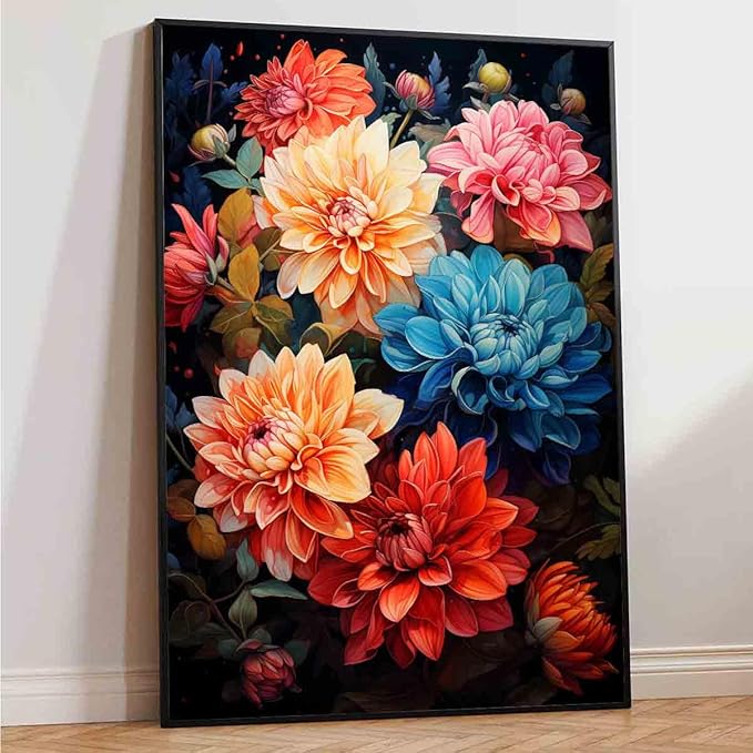 Dahlia Canvas Wall Art Abstract Flower Poster Pink Flower Painting Colorful Flowers Picture Blue Dahlia Wall Art Pink Floral Picture Plant Modern Living Room Decor 16x24inch No Frame