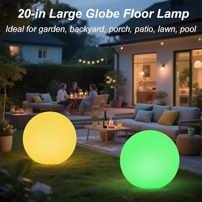 Large LED Glowing Ball Light, 20-in Outdoor LED Garden Orb Lights, Rechargeable Globe Lights RGB Color Changing Globe Floor Lamp Mood Lamp w/Remote, Waterproof Light Up Ball Light for Patio Lawn Decor
