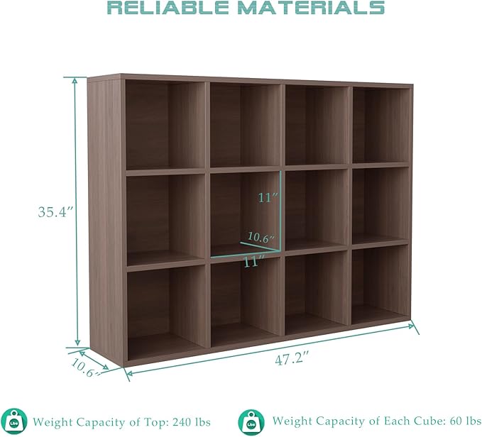 12-Cube Storage Shelf Bookcase - Wooden 3-Tier Floor Standing Open Bookshelf for Home and Office, Cuby Orgainzer, Walnut