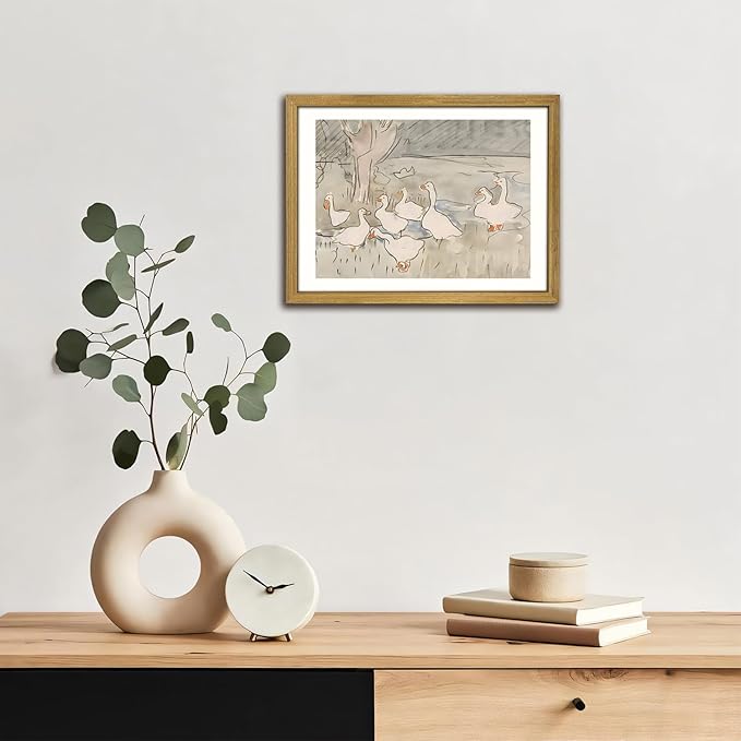 Vintage Framed Goose Wall Art Watercolor Print, Rustic Farm Duck Decor Canvas Painting, Minimalist Pastoral Poster Picture, Country Cottage Wall Decor for Living Room Kitchen Bathroom Bedroom 8x10 in