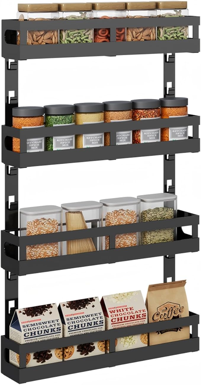 4-Tier Small Wall Mounted Spice Rack Organizer, Hanging Spice Shelf for Cabinet or Pantry, Height-Adjustable Seasoning Holder for Kitchen Storage, Black