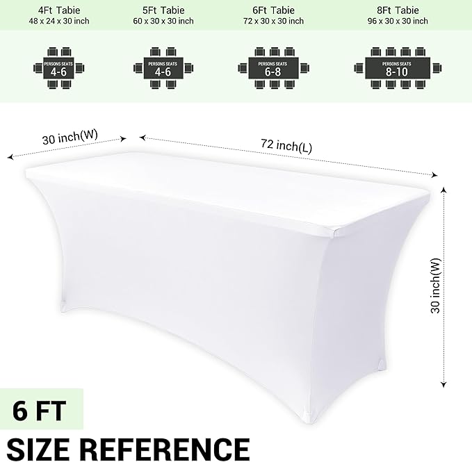 Obstal Spandex Table Cover 6ft Fitted Tablecloth Rectangular - Stretch Rectangle Folding Table Cloth for Birthday Party Wedding Banquet, White, 72L x 30W Inch
