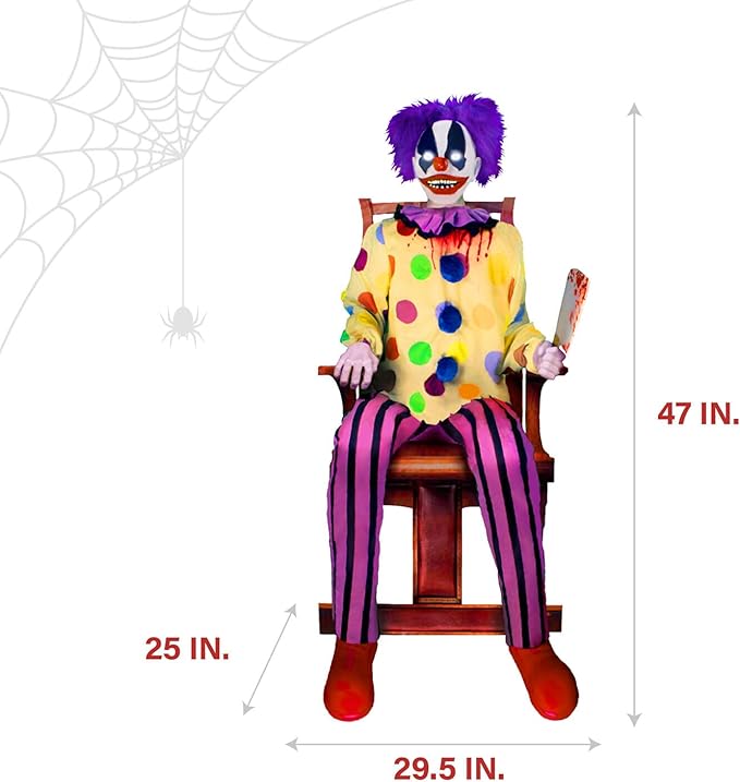 Haunted Hill Farm Motion-Activated Thrashing Clown with a Meat Cleaver by Tekky, Sitting Halloween Animatronic for Indoor or Covered Outdoor Creepy Halloween Decorations, Plug-in or Battery Operated