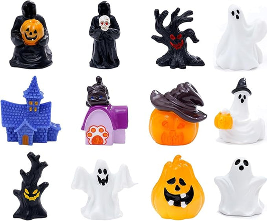 12pcs Halloween Mini Resin Figures 12 Styles Tiny Resin Little Small Figures Pumpkin Ghost Skull Miniatures Bulk for Halloween Party Favors Garden Dollhouse Decor