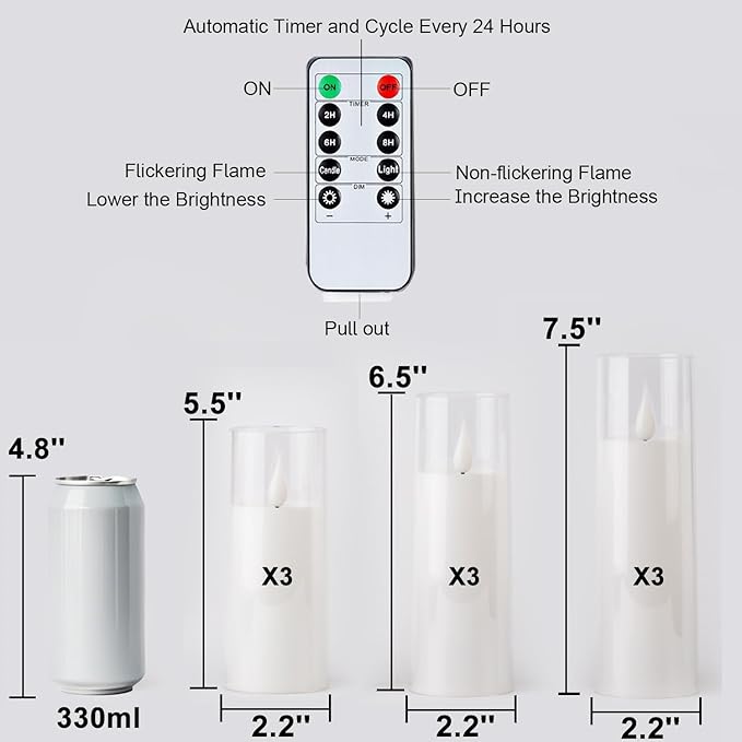 Amagic Pure White Flameless Candles, Battery Operated Candles, Acrylic Flickering LED Pillar Candles with Remote Control and Timer, 3D Wick, Yellow and Blue Glow, D2.2 xH5 6" 7", Set of 9