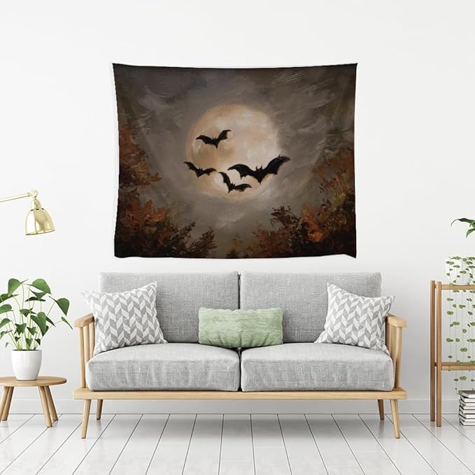 Spooky Halloween Bats Dark Academia Full Moon Autumn Leaves Wall Hanging Vintage Haunted Home Artwork Gothic Witchy Ghost Tapestries for bedroom Living Room Decor 60x80inch