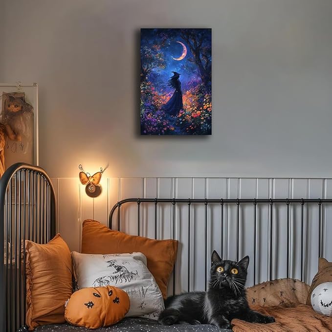 Vintage Halloween Witch Decor Mystic Gothic Wall Art Poster,Enchanting Witch Fall Whimsical Wildflowers Woodland Forest Crescent Moon Picture Art,Creepy Witchy Home Decor,16"x24" Unframed