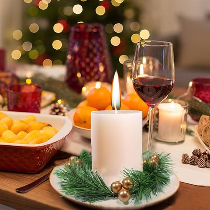 4pcs Christmas Candle Rings Wreaths Artificial Golden Berries Greenery Pine Needles Garland Christmas Wreath Candle Rings Holder for Wedding Christmas Table Centerpiece Home Dinner Table Decor