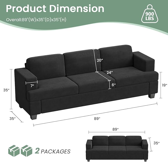 2 Piece Set Comfy Sofa Couch, 3 Seater & Loveseat Sofa with Deep Seats, Modern Sleeper Couch for Living Room, Dark Grey Chenille