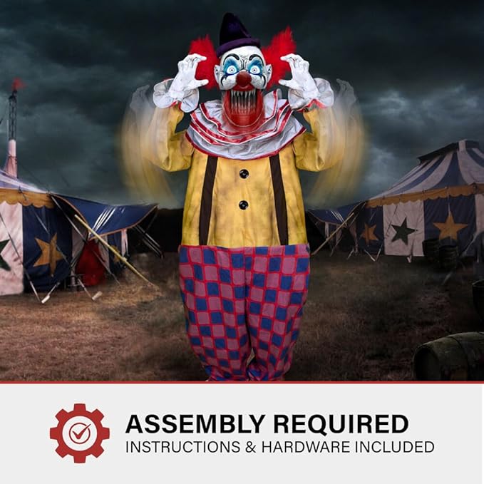 Haunted Hill Farm Motion-Activated Startling Arms Clown by Tekky, Talking Scare Prop Halloween Animatronic for Indoor or Covered Outdoor Creepy Halloween Decorations, Plug-in or Battery Operated