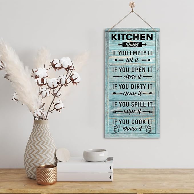 Hanging Kitchen Rules Wood Decor Sign, Rustic Kitchen Wooden Signs, Printed Wood Wall Art Sign, Kitchen Door Rules Rustic Sign, Hanging Wood Sign Kitchen Decor, Funny Farmhouse Kitchen Wall Décor C1
