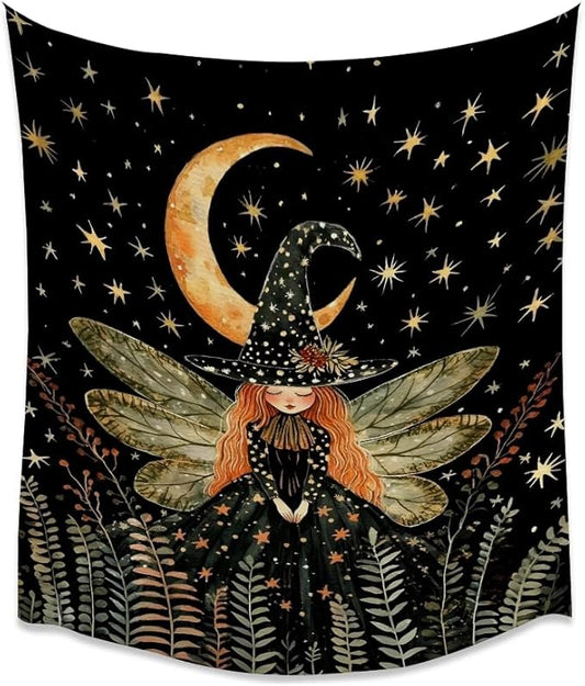Dark Academia Witch Fairy Tapestry Wall Hanging Magical Moon Starry Night Art Print Halloween Witchy Artwork Aesthetic Wall Tapestries for Girls Bedroom Living Room Dorm Decoration 60x80inch