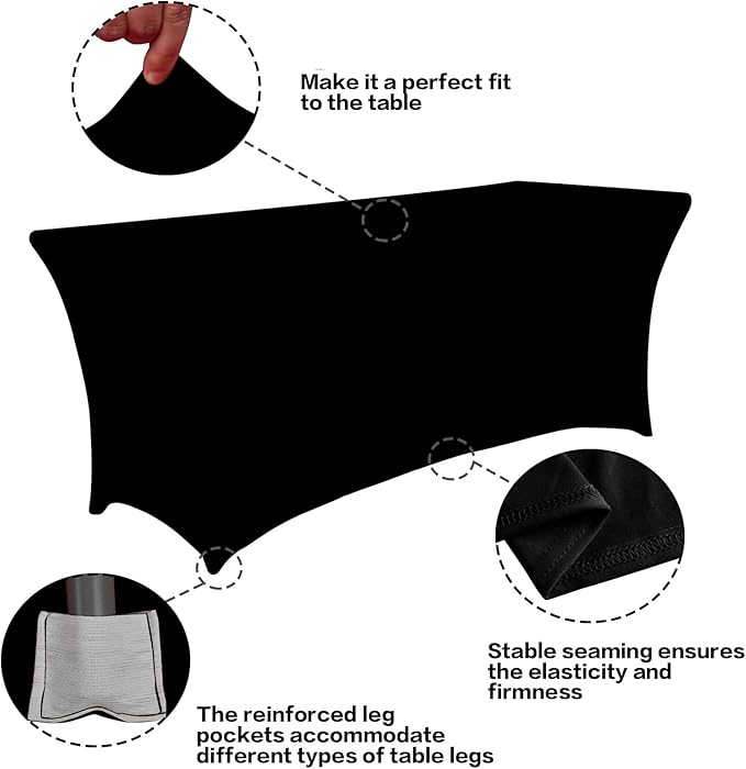 IVAPUPU 2 Pack 6FT Table Cloth for Rectangular Fitted Events Stretch Black Table Covers Washable Spandex Tablecloth Protector for Party, Wedding, Cocktail, Banquet, Festival