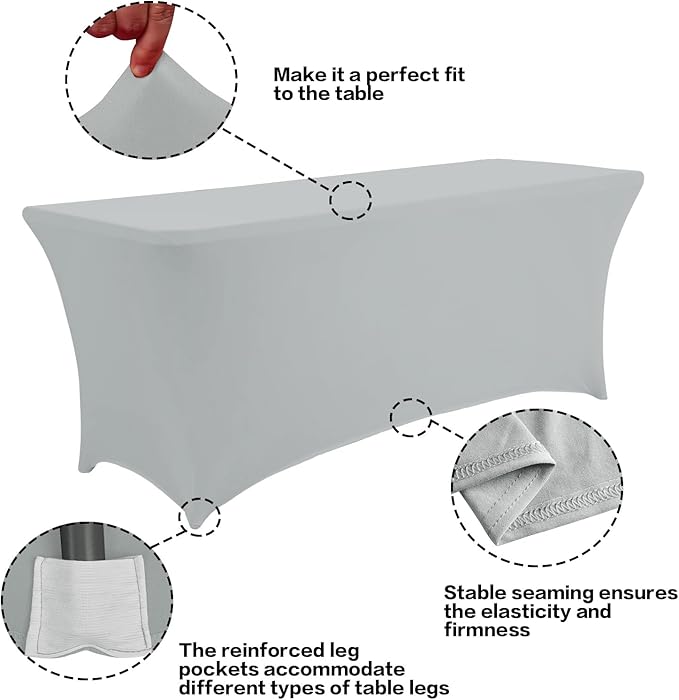 IVAPUPU 2 Pack 8FT Table Cloth for Rectangular Fitted Events Stretch Grey Table Covers Washable Cover Spandex Tablecloth Protector for Party, Wedding, Cocktail, Banquet, Festival