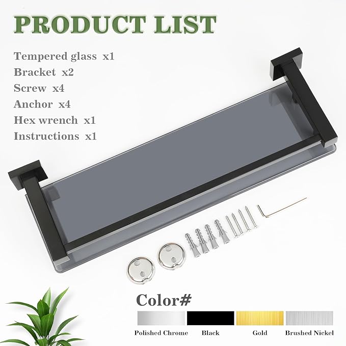 Alise Bathroom Glass Shelf with Stainless Steel Railing, Matte Black Small Tempered Glass Floating Wall Shelf Over The Toilet, 16 inch