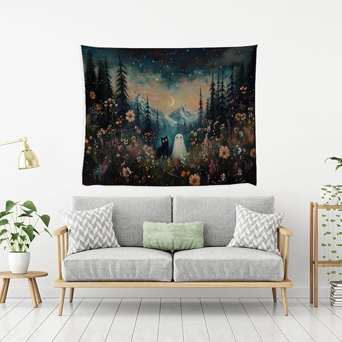 Whimsical Halloween Tapestry Wall Hanging Ghost and Black Cat in Magical Forest Wildflowers Meadow Tapestry Art Print Charming Spooky Fall Season Tapestries for Living Room Bedroom Decor 40x60inch