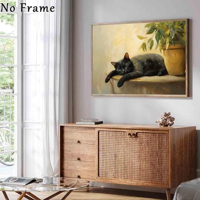 Black Cat Poster Lovely Cat Sleeping Picture Retro Plant Wall Art Still Life Painting Vintage Vase Canvas Animal Artwork Plant Living Room Decor 16x24inch No Frame