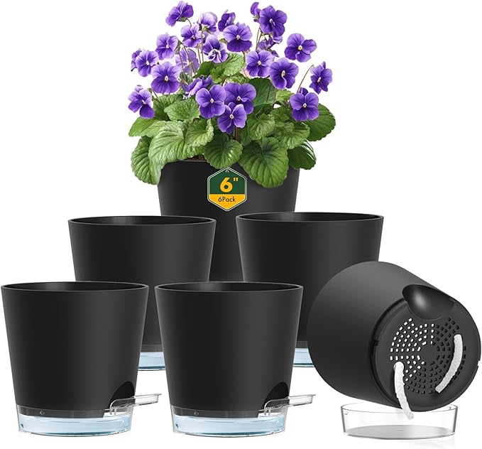 6 inch Self Watering Pots for Indoor Outdoor Plants, 6 Pack Flower Plant Pots with Drainage Holes and Clear Reservoirs, Visible Water Level, Plastic Planters with Wicking Rope, Black