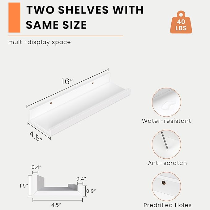 Heimlove Picture Ledge Shelf, Floating Shelves Set of 2, 16 Inches Picture Shelf for Wall with Ledge, Kids Bookshelf Wall Mounted for Living Room Bedroom Decor Books Photo Frames - White