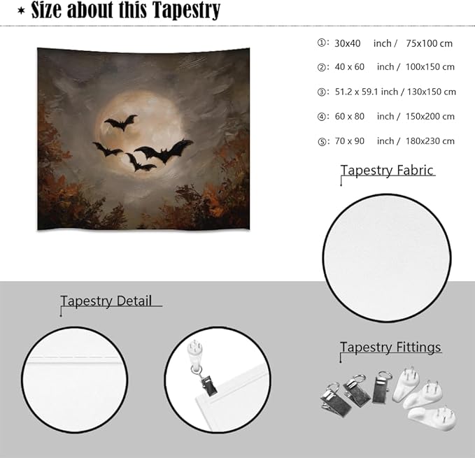 Spooky Halloween Bats Dark Academia Full Moon Autumn Leaves Wall Hanging Vintage Haunted Home Artwork Gothic Witchy Ghost Tapestries for bedroom Living Room Decor 40x60inch