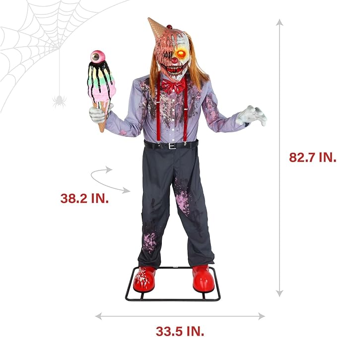 Haunted Hill Farm 6.5-Ft Animatronic I Scream Clown by Tekky, Halloween Animatronic, Creepy Party Decor, Indoor & Covered Outdoor Spooky Party Decoration Motion-Activated Lights & Sound, LifeSize