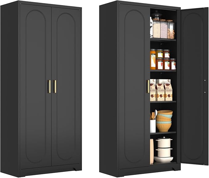 71" Tall Kitchen Pantry Cabinet, Pantry Storage Cabinet with Doors and Shelves, Metal Food Pantry Cabinets with Handles, Black Freestanding Cupboard for Living&Dining Room-Assemble Required