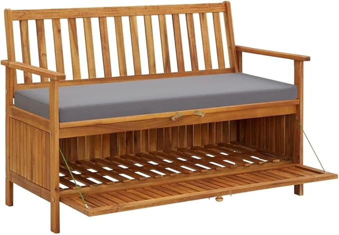 vidaXL Patio Storage Bench 47.2", Solid Acacia Wood, Dark Gray Cushion, Ample Storage Compartment, Rustic Style, Home and Garden Furniture