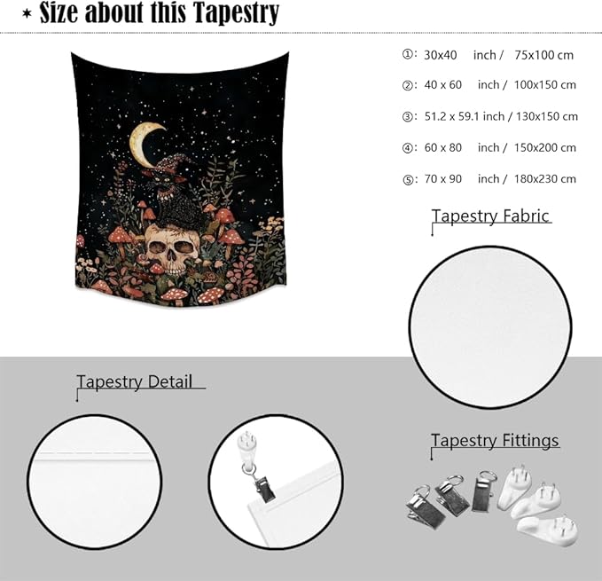 Halloween Witch Cat Tapestry Gothic Skull and Mushroom Artwork Print Spooky Halloween Witchy Wall Hanging Decor Black Cat Crescent Moon art Tapestries for Living Room Bedroom Decoration 60x80inch